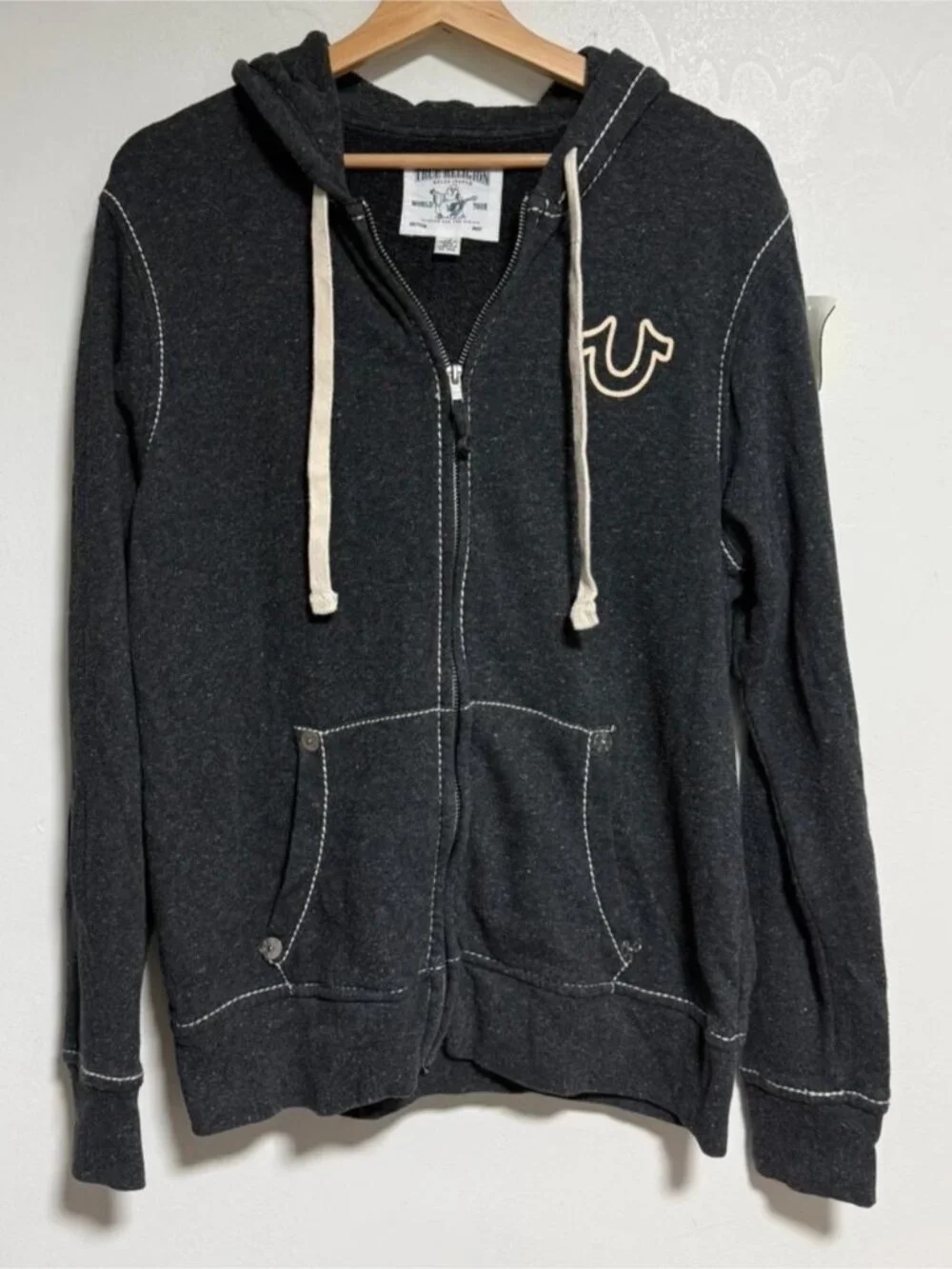 True Religion Zip-Up Hoodie Charcoal Gray Contrast Stitch Logo Size Large